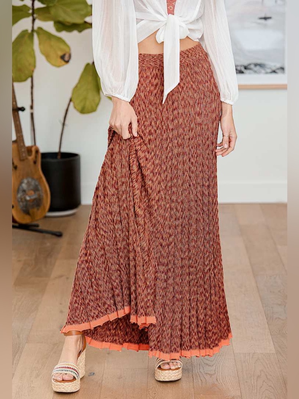 FREE PEOPLE Gold Coast Orange Multi Print Knit Maxi Skirt Size M NWT